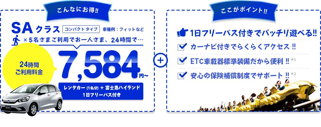 こんなにお得 SAクラス コンパクトタイプ 車種例:フィットなど 5名さまご利用でお一人さま、24時間7,584円～ レンタカー（1名分）＋富士急ハイランドフリーパス付き＋ここがポイント!!フリーパス付きでバッチリ遊べる!!カーナビ付きでらくらくアクセス!!ETC車載機標準装備だから便利!!安心の保険補償制度でサポート!!