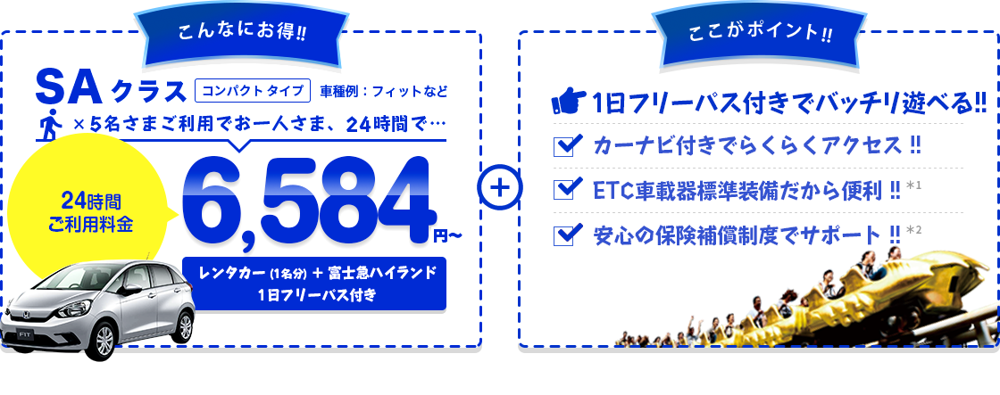 こんなにお得 SAクラス コンパクトタイプ 車種例:フィットなど 5名さまご利用でお一人さま、24時間6,584円～ レンタカー（1名分）＋富士急ハイランドフリーパス付き＋ここがポイント!!フリーパス付きでバッチリ遊べる!!カーナビ付きでらくらくアクセス!!ETC車載機標準装備だから便利!!安心の保険補償制度でサポート!!