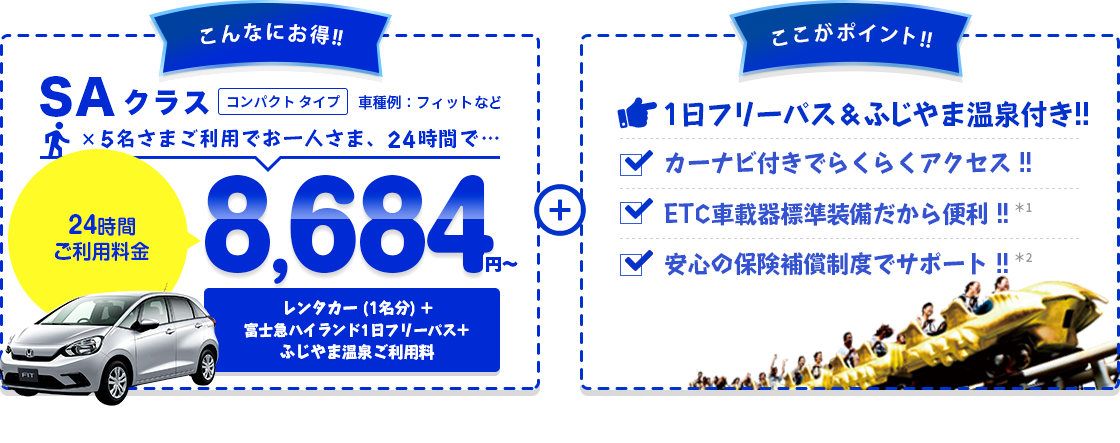 こんなにお得 SAクラス コンパクトタイプ 車種例:フィットなど 5名さまご利用でお一人さま、24時間8,684円～ レンタカー（1名分）＋富士急ハイランドフリーパス付き＋ここがポイント!!フリーパス付きでバッチリ遊べる!!カーナビ付きでらくらくアクセス!!ETC車載機標準装備だから便利!!安心の保険補償制度でサポート!!