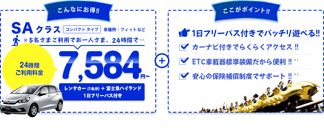 こんなにお得 SAクラス コンパクトタイプ 車種例:フィットなど 5名さまご利用でお一人さま、24時間7,584円～ レンタカー（1名分）＋富士急ハイランドフリーパス付き＋ここがポイント!!フリーパス付きでバッチリ遊べる!!カーナビ付きでらくらくアクセス!!ETC車載機標準装備だから便利!!安心の保険補償制度でサポート!!