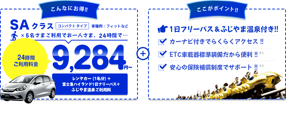 こんなにお得 SAクラス コンパクトタイプ 車種例:フィットなど 5名さまご利用でお一人さま、24時間9,284円～ レンタカー（1名分）＋富士急ハイランドフリーパス付き＋ここがポイント!!フリーパス付きでバッチリ遊べる!!カーナビ付きでらくらくアクセス!!ETC車載機標準装備だから便利!!安心の保険補償制度でサポート!!