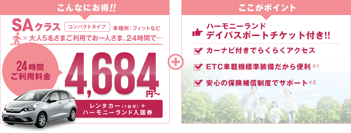 こんなにお得 SAクラス コンパクトタイプ 車種例:フィットなど 5名さまご利用でお一人さま24時間4,684円～（レンタカー＋デイパスポートチケット）ここがポイント!!フリーパス付きでバッチリ遊べる!!カーナビ付きでらくらくアクセス!!ETC車載機標準装備だから便利!!安心の保険補償制度でサポート!!