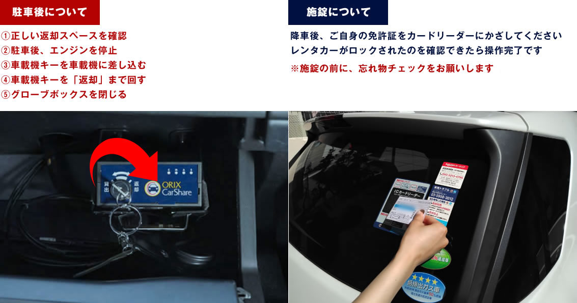 【駐車後について】(1)正しい返却スペースを確認(2)駐車後エンジンを停止(3)車載機キーをsyサイキに差し込む(4)車載機キーを「返却」まで回す(5)グローブボックスを閉じる【施錠について】降車後ご自身の免許証をカードリーダーにかざしてください。レンタカーがロックさえｒたのを確認できたら操作完了です※施錠の前に忘れ物チェックをお願いします