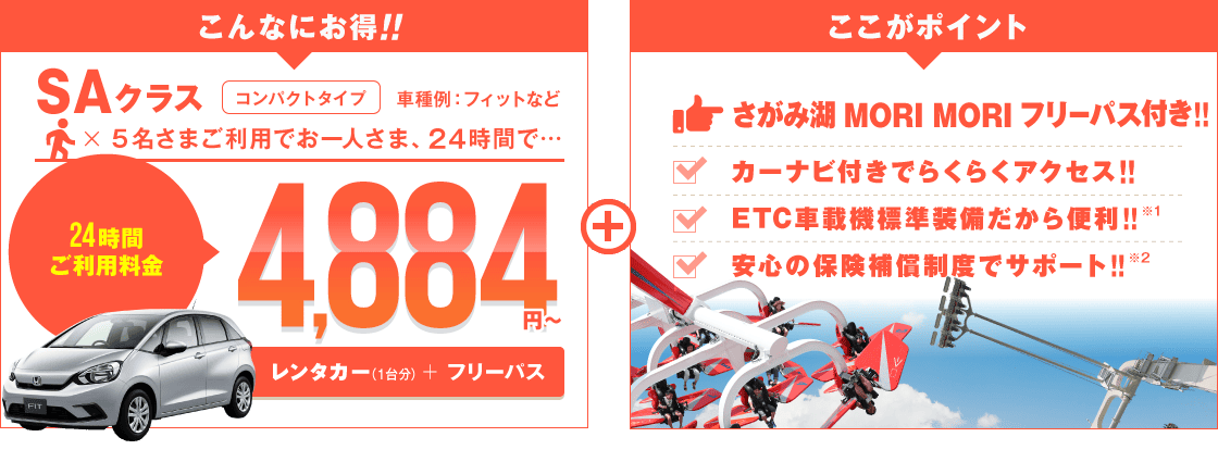 こんなにお得 SAクラス コンパクトタイプ 車種例:フィットなど 5名さまご利用でお一人さま24時間4,884円～（レンタカー＋「さがみ湖 MORI MORI」フリーパス）ここがポイント!!フリーパス付きでバッチリ遊べる!!カーナビ付きでらくらくアクセス!!ETC車載機標準装備だから便利!!安心の保険補償制度でサポート!!