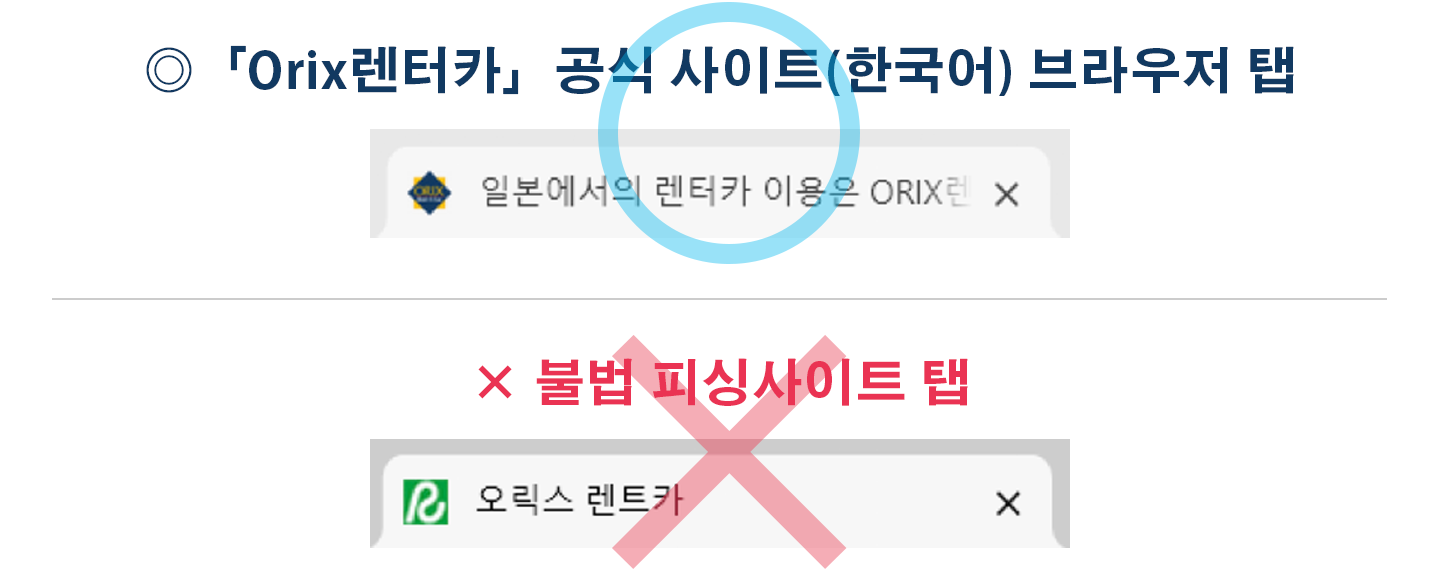 「Orix렌터카」공식 사이트(한국어) 브라우저 탭／불법 피싱사이트 탭