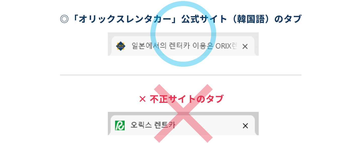 「オリックスレンタカー」公式サイト（韓国語）のファビコンと不正サイトのファビコン