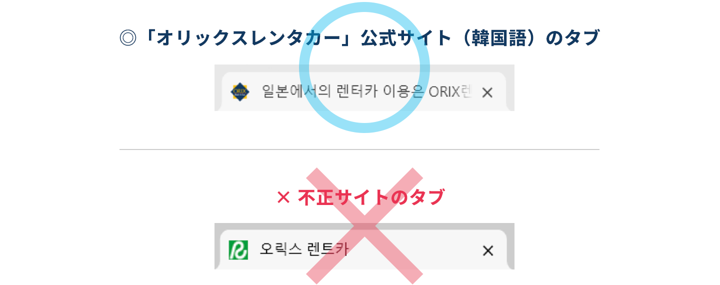 「オリックスレンタカー」公式サイト(韓国語)のファビコンと不正サイトのファビコン