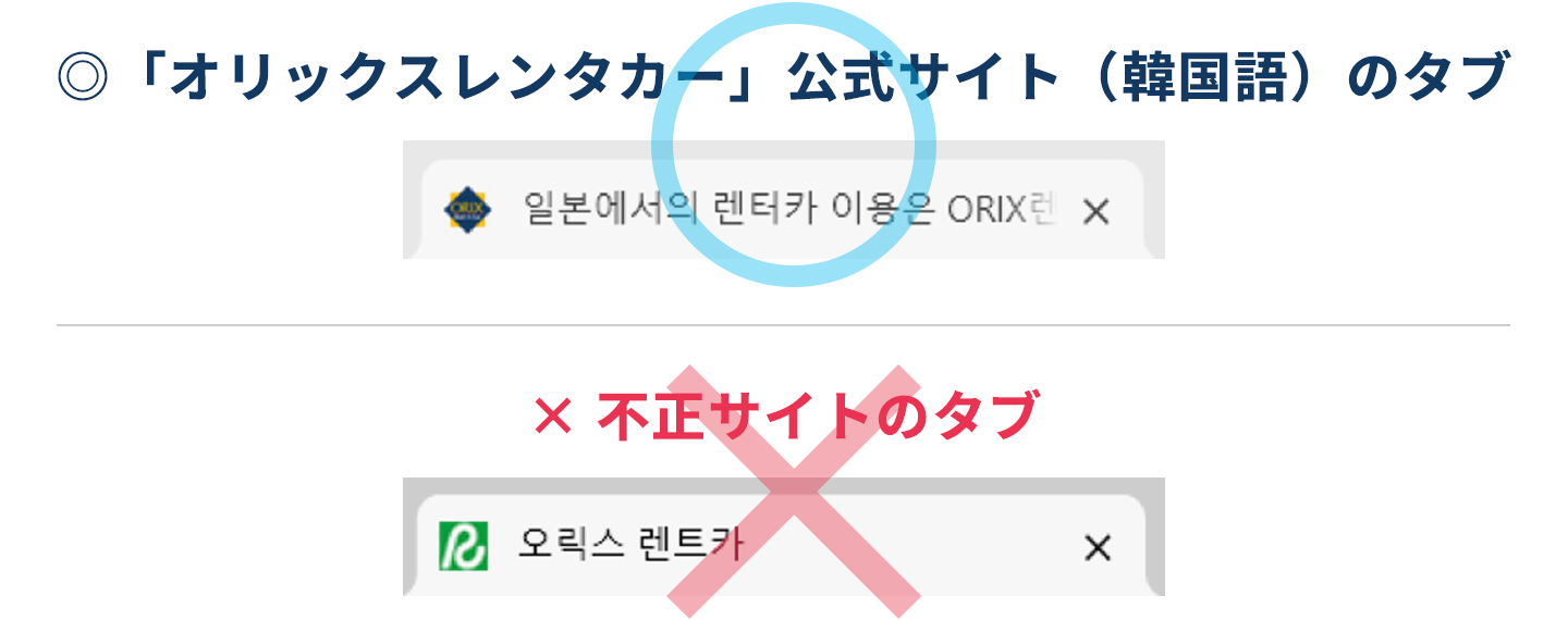 「オリックスレンタカー」公式サイト(韓国語)のファビコンと不正サイトのファビコン